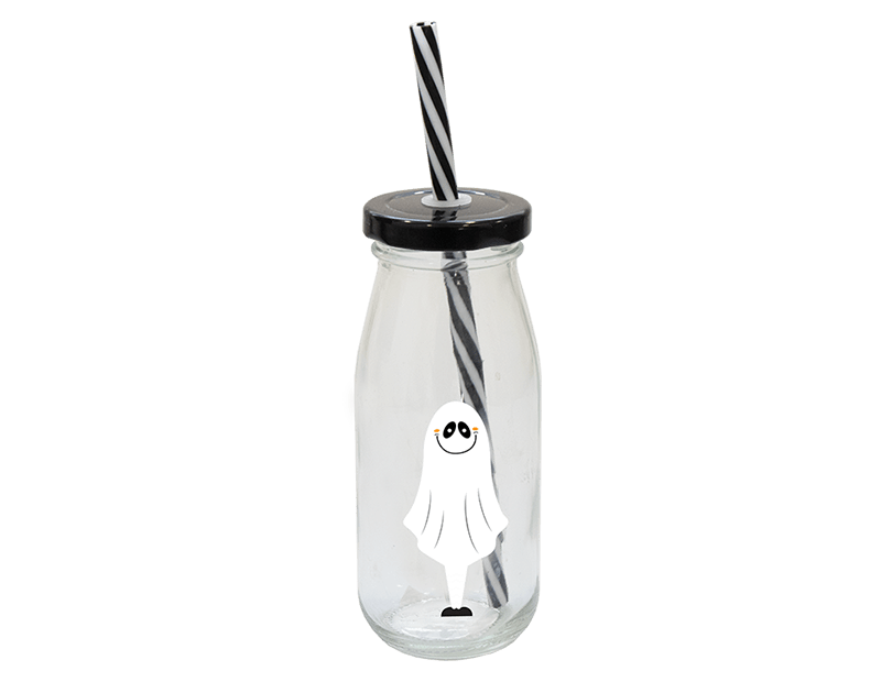 Halloween Glass Milk Bottles with Lid and Straw - Ey Up Crafters