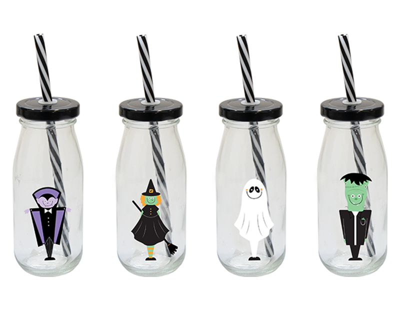 Halloween Glass Milk Bottles with Lid and Straw - Ey Up Crafters