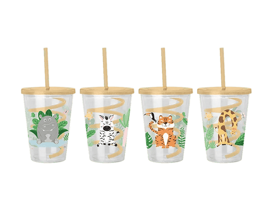 Animal Printed Plastic cup with lid and swirly straw - Ey Up Crafters