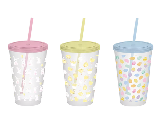 3 designs of easter tumbler pink with rabbits yellow with easter chicks or bue ith easter eggs