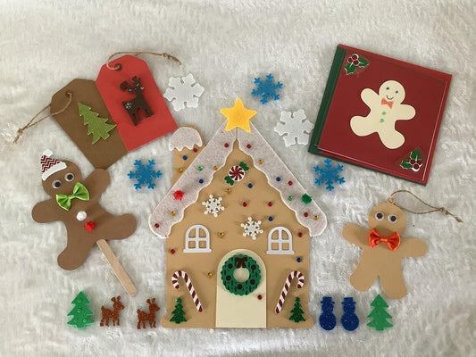 christmas craft kit gingerbread house and lot of crafting accessories, cards, gift tags, embellishments, glue, craft sticks. Lots af crafting fun 