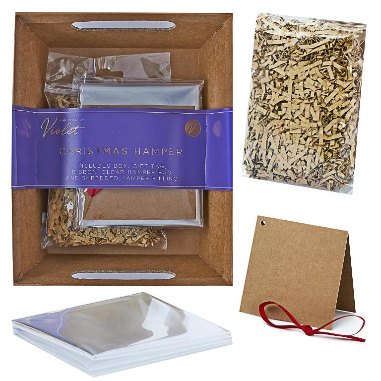 Hamper Set cardboard  box gift tag ribbon clear bag and shredded paper - Ey Up Crafters