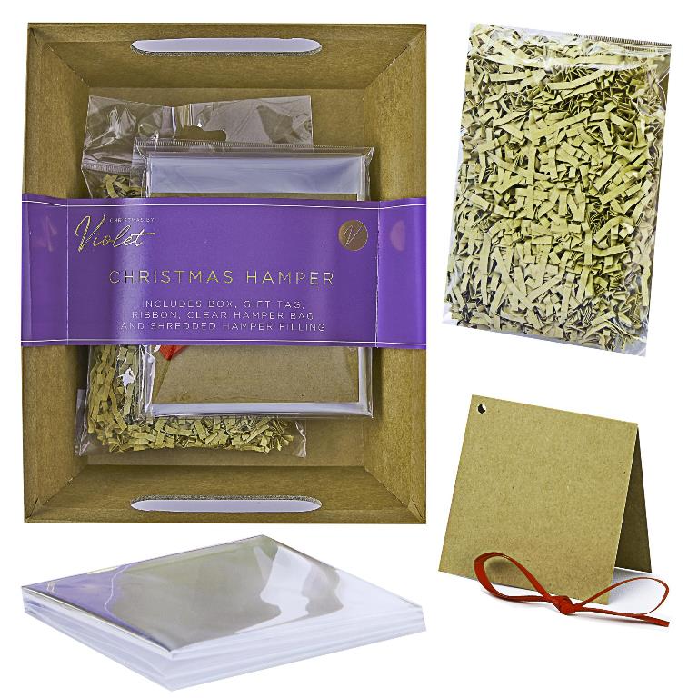 Hamper Set cardboard  box gift tag ribbon clear bag and shredded paper - Ey Up Crafters