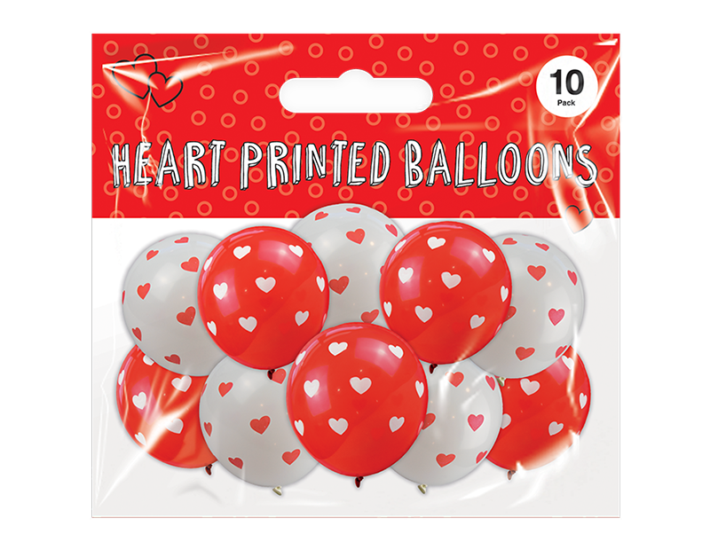 Heart Printed Balloons 10 pack White & Red - Ey Up Crafters