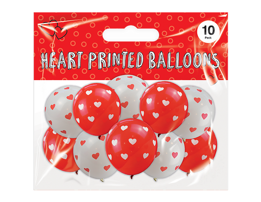 Heart Printed Balloons 10 pack White & Red - Ey Up Crafters