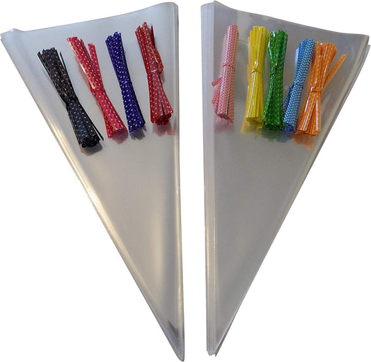 Clear Cone Cello Party bags 16cm x 30cm & Polka Dot twist ties (100) - Ey Up Crafters